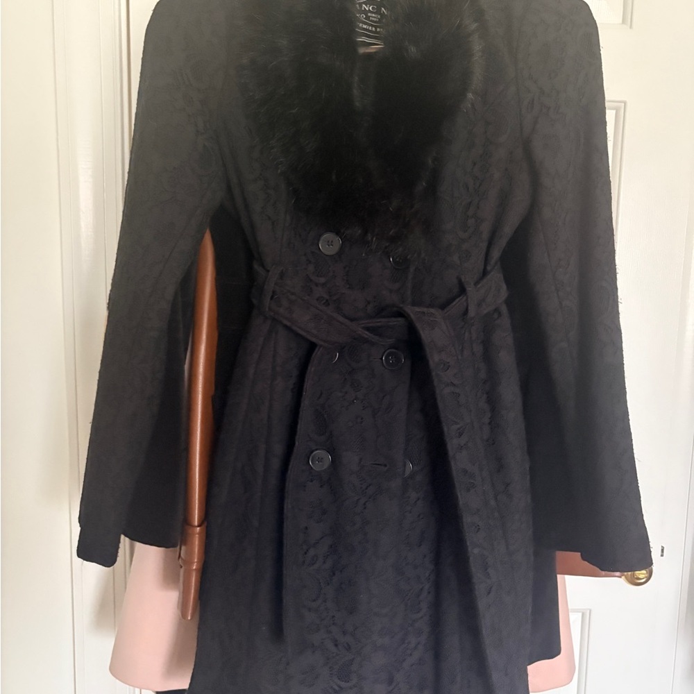 Blanc Noir Black Textured Trench Coat with Faux Fur Collar